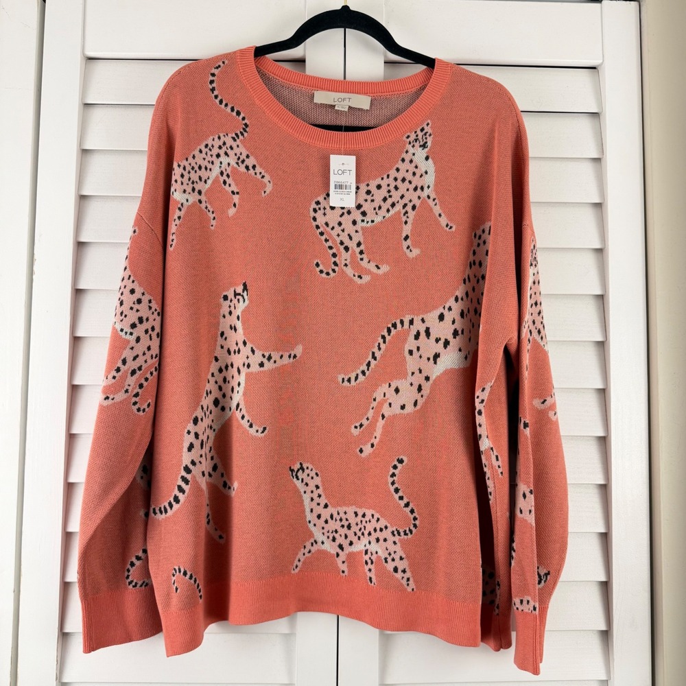 LOFT Women Coral Pink Cheetah Animal Print Crew Neck Sweater XL New NWT 31866477 - Picture 13 of 13